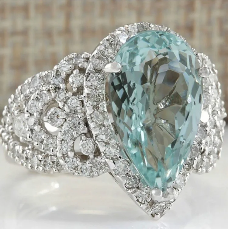 

Milangirl Trendy Ladies Simple Light Sea Blue Water Drop Zircon Crystal Rhinestone Female Ring for Party Jewelry Accessories