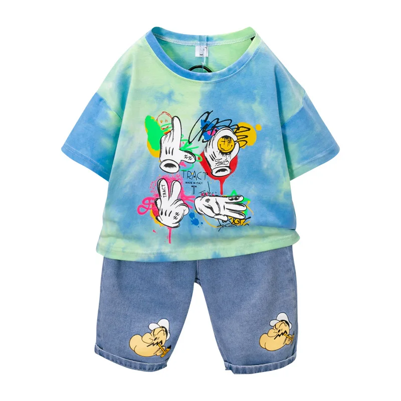 

Summer Children's Suit Casual Cartoon Printing Gesture T-Shirt Denim Shorts 2-Piece Boy Clothes 2-7 Years Old Boys Kids Clothing