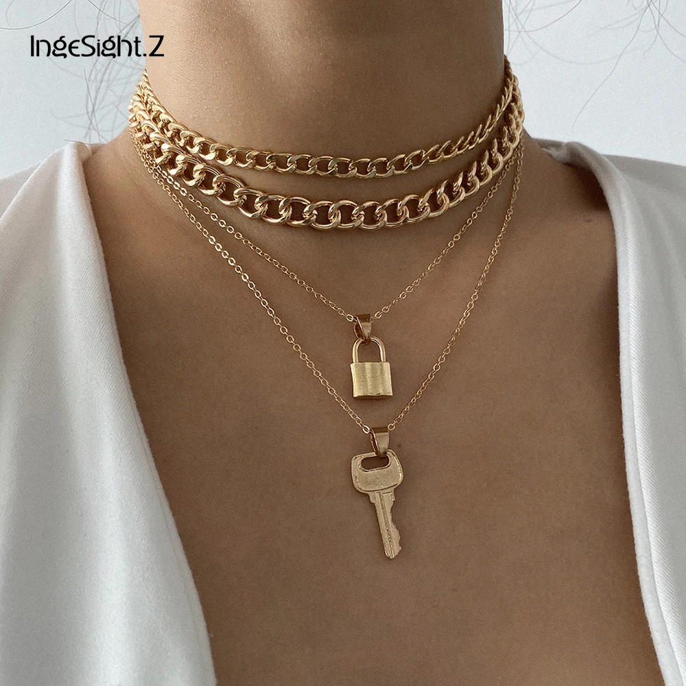 IngeSight.Z 3 шт./компл. панк многослойный висячий замок подвеска ожерелье массивный