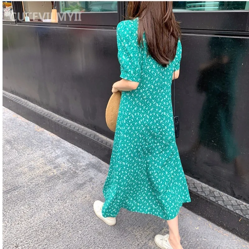 

Chic Fashion 2020 New Casual Loose Mid-calf Vestidos Vintage Green Summer Dress Women V-neck Short Sleeve Print Female Dress