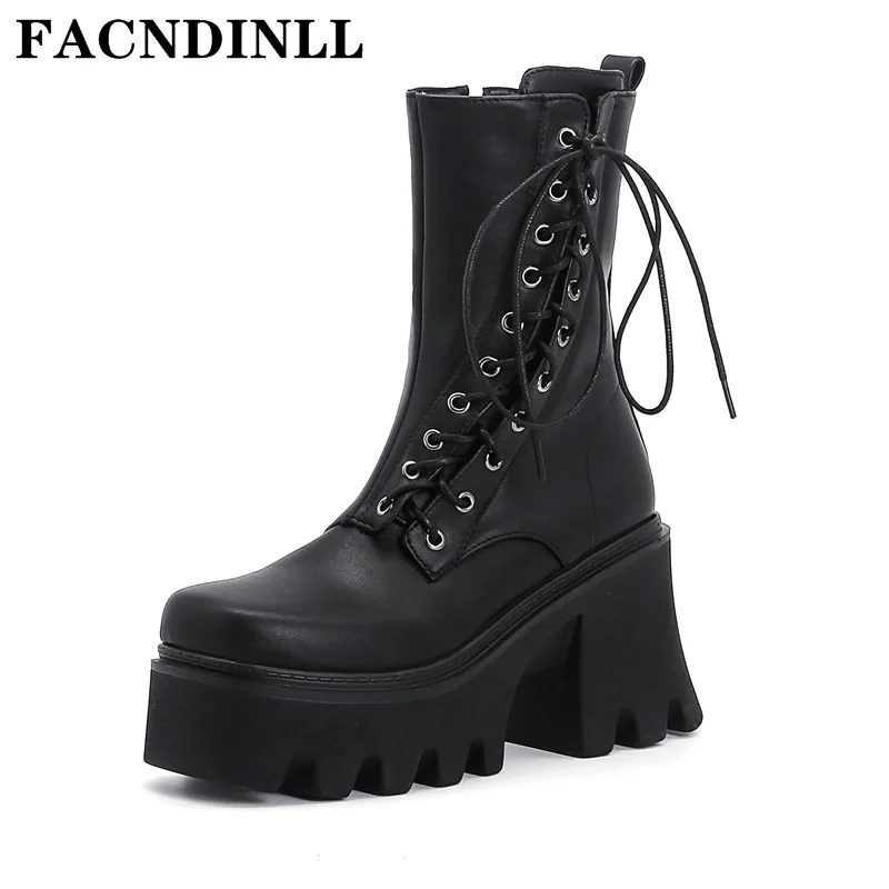 

Women Boots 2021 New Arrival Chunky High Heels Platform Shoes Woman Ankle Boots Lace Up Dress Casual Punk Motorcycle Boots 35-43