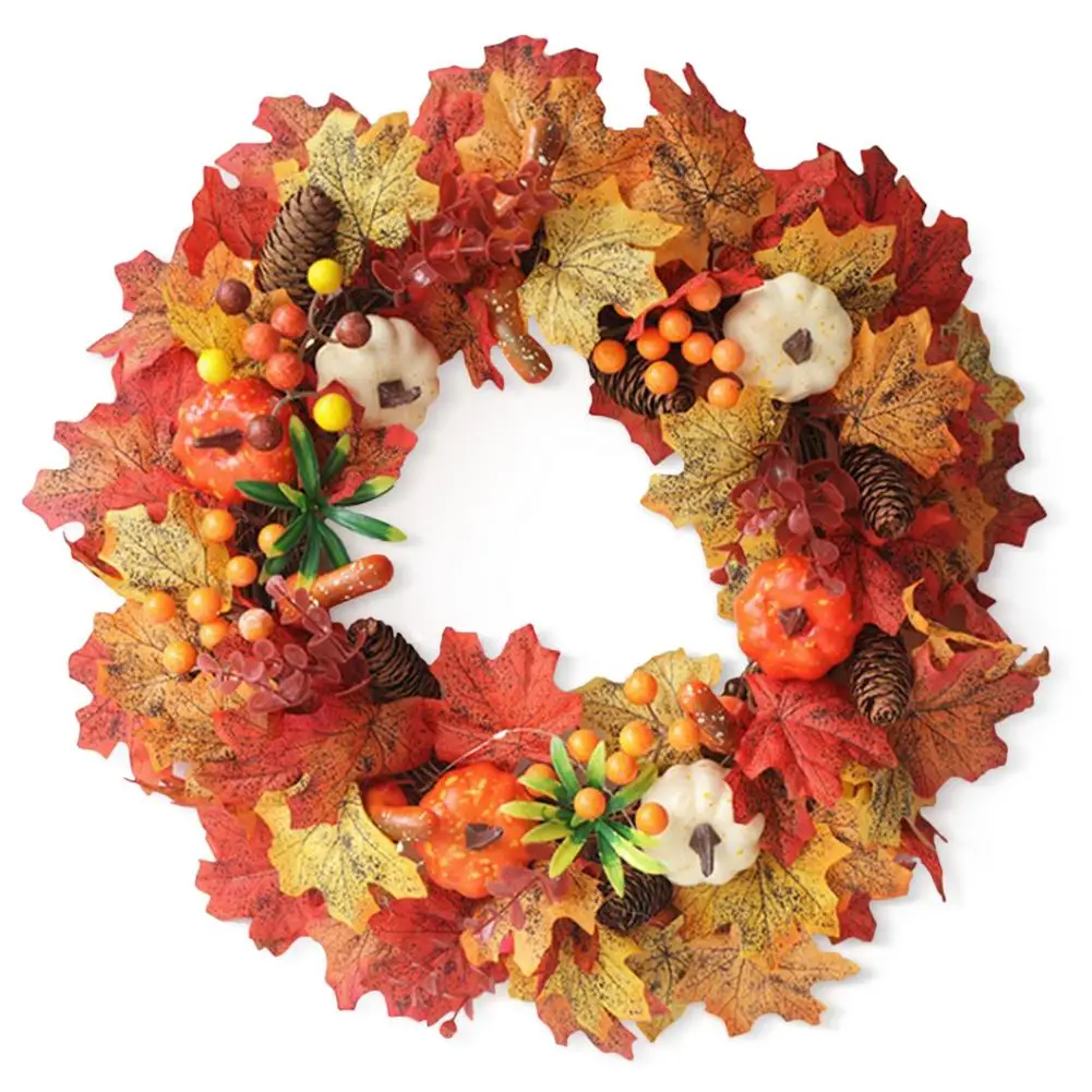 

Halloween Front Door Wreath Decorations 45cm Artificial Maple Leaves Fall Wreath Harvest Autumn Garland Pinecone Pumpkins Colo