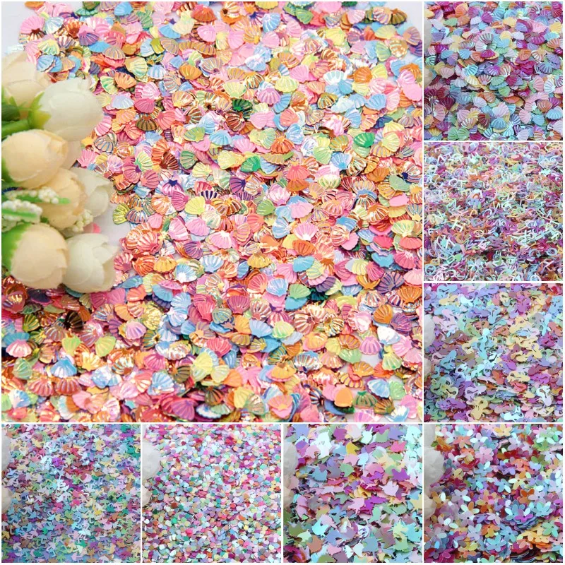 Блестки разных цветов расшитые пайетками в виде ракушки цветы единорог блестки