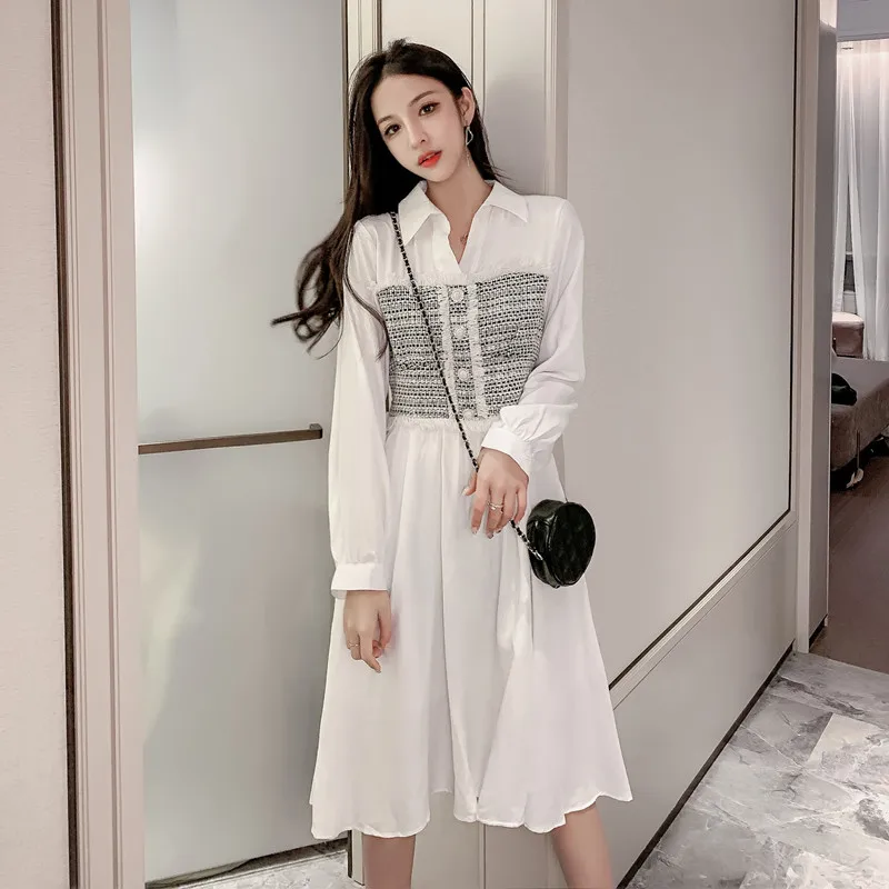 Осеннее Элегантное Белое Женское Платье рубашка FINEWORDS с лацканами корейское