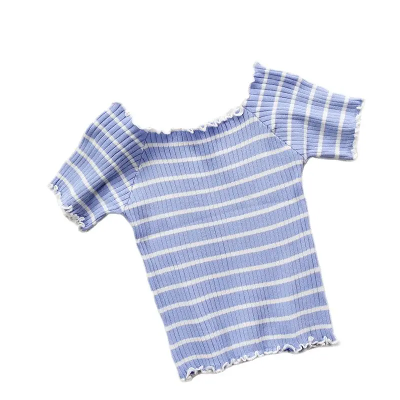 Женские трикотажные футболки HELIAR короткие в полоску с оборкой летние открытыми