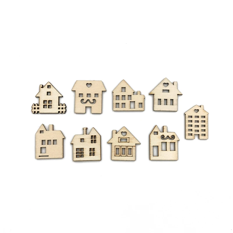 20pcs wood house shaped wood embellishment cutout veneers for diy craft project home ornaments decoration free global shipping