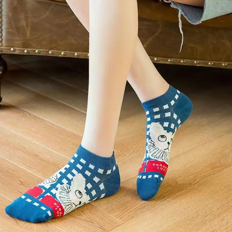 Sfree 6Pairs French Cat Men and Women Personality Retro College Style Shallow Short Socks Summer Literature and Art