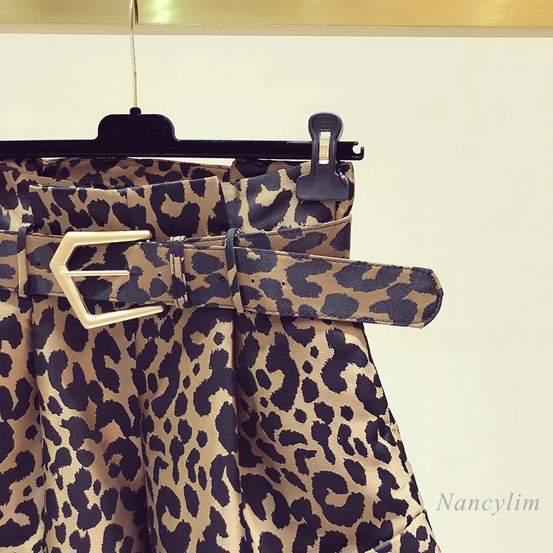 Leopard-Print Shorts Woman 2021 Summer New Fashion High Waist Wide-Leg Casual Female Lady Short Trousers with Belt