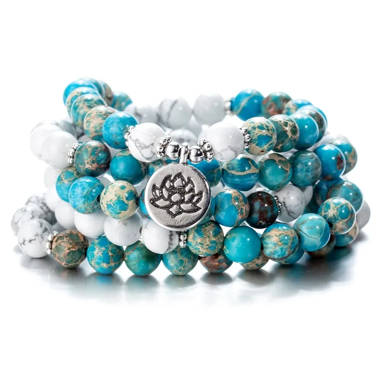 howlite lotus Женские 108 бусины, розовые камни, эластичные браслеты, Lotus OM, Будда, молитва, любовь, массивные ювелирные изделия - Окраска металла: howlite lotus