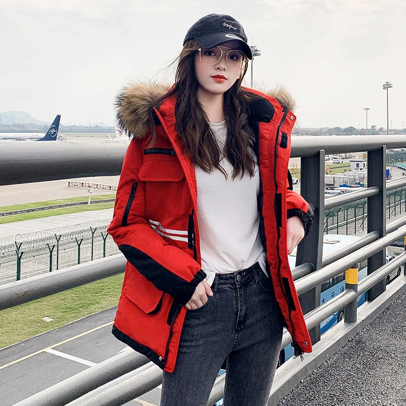 Women's Winter Jacket With Zipper Safari Style Printing Hooded Long Parkas Woman Plus Size Thick Fur Collar Loose Female Outwear