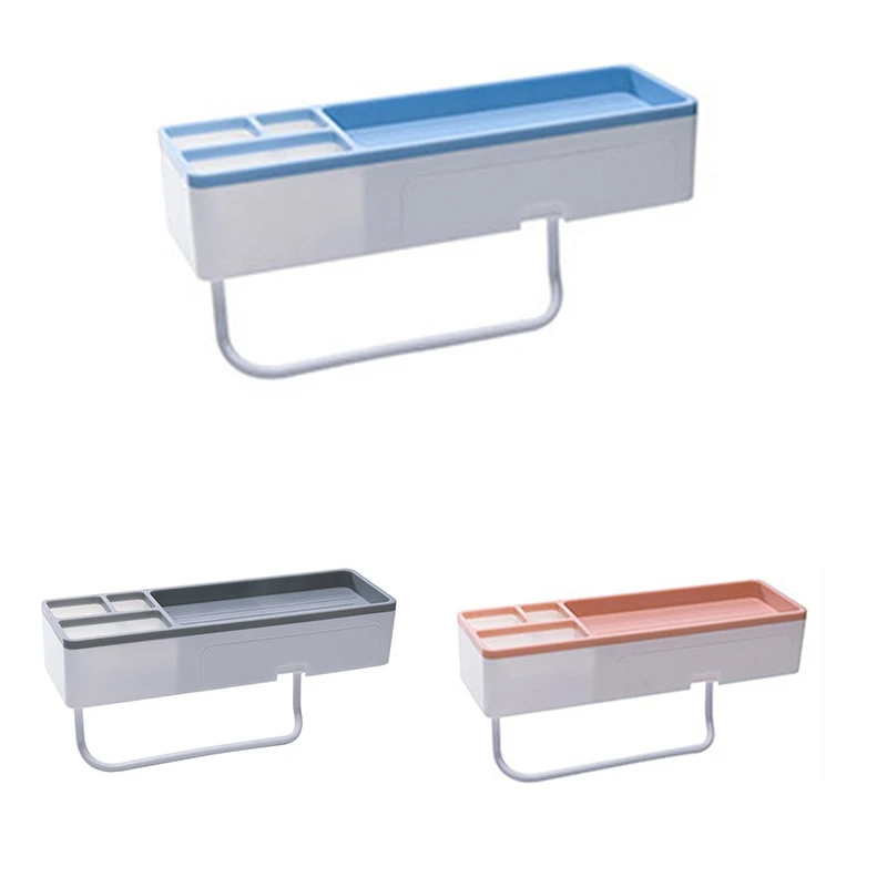 

Bathroom Shelf Shower Caddy Organizer Wall Mounted Shampoo Rack with Drawer Towel Bar No Drilling Kitchen Storage