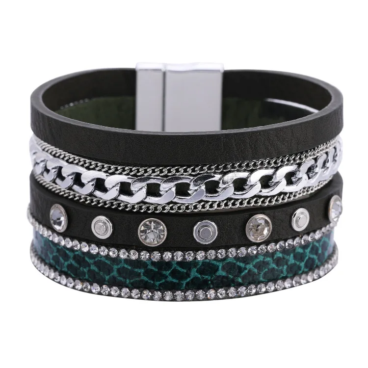 

Hot Selling Bohemian Ethnic Style Wholesale Bracelet for Women Multi-layer Chain Snake Pattern Leather Magnetic Buckle Bracelet