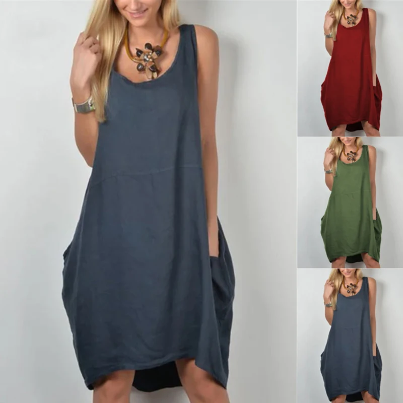 

Tank Summer Dress Loose Vintage Midi Dress Sleeveless Woman Dress Plus Size Dresses for Women Casual Women Clothes Vestidos