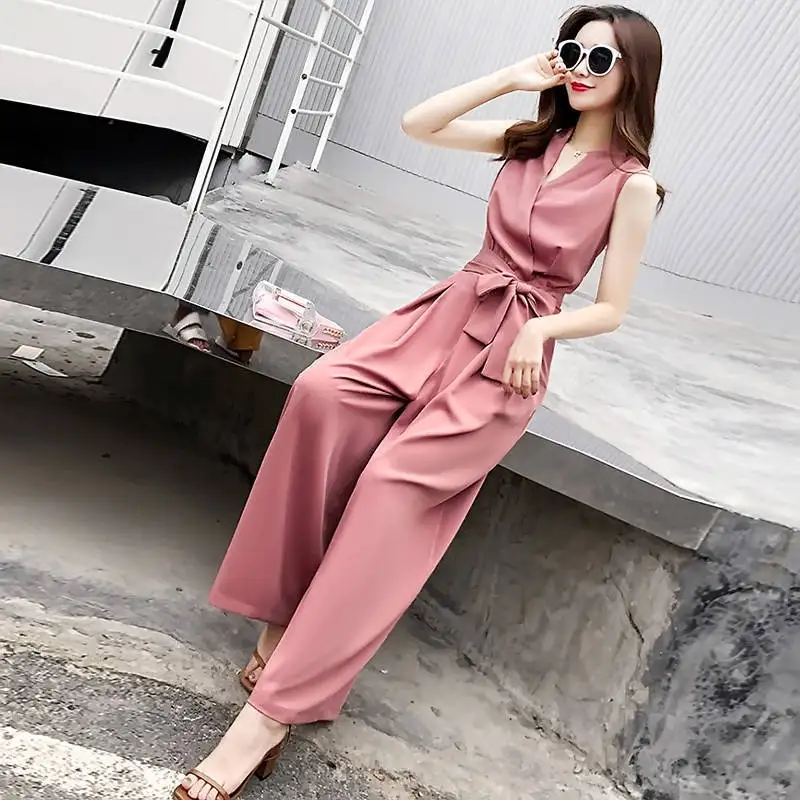 

One-piece wide leg pants women's 2021 summer new fashion casual v-neck slim suit Korean style