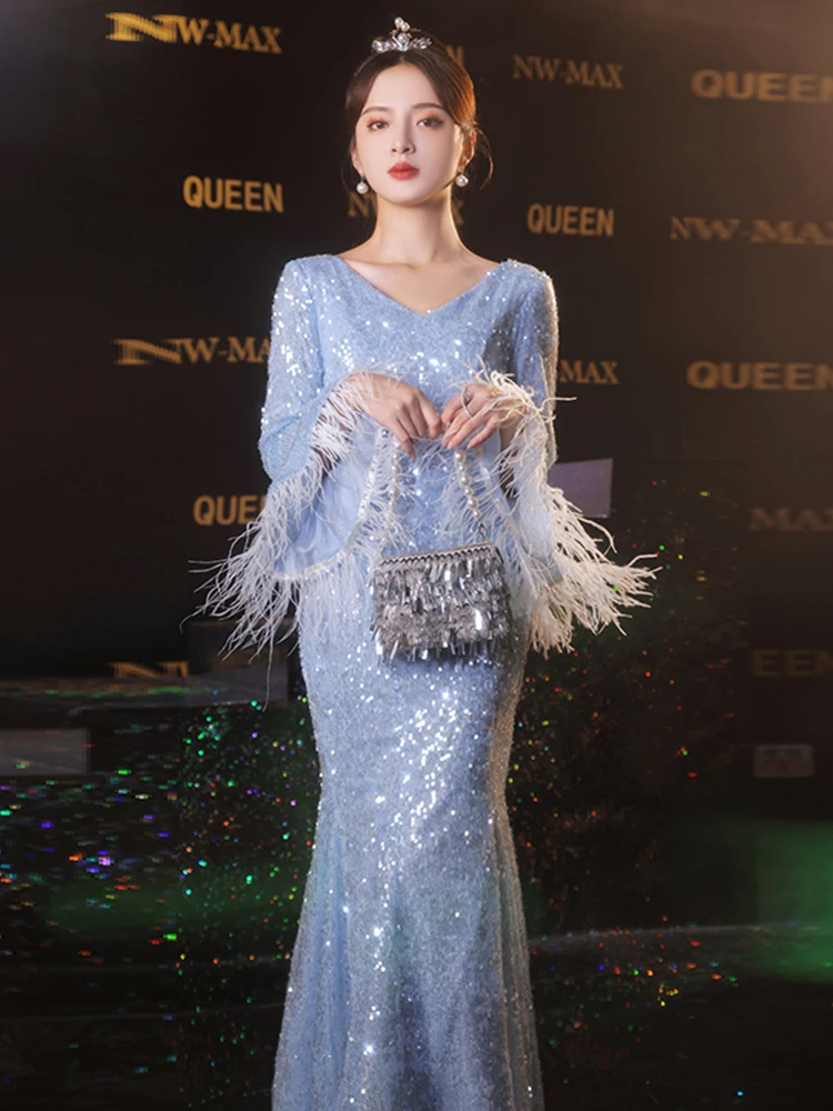 

Blue Sequined Formal Evening Dress Fashion V-Neck Flare Sleeve Mermaid Banquet Gown Classic Back Bandage Celebrity Party Dress