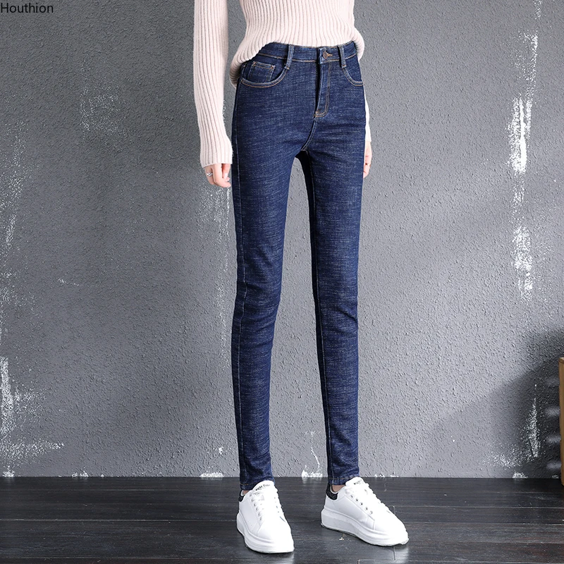 

Winter New High Waist Black Plus Fleece Denim Jeans Tight Elasticity Female Korean Thin Thicken Little Feet Pants