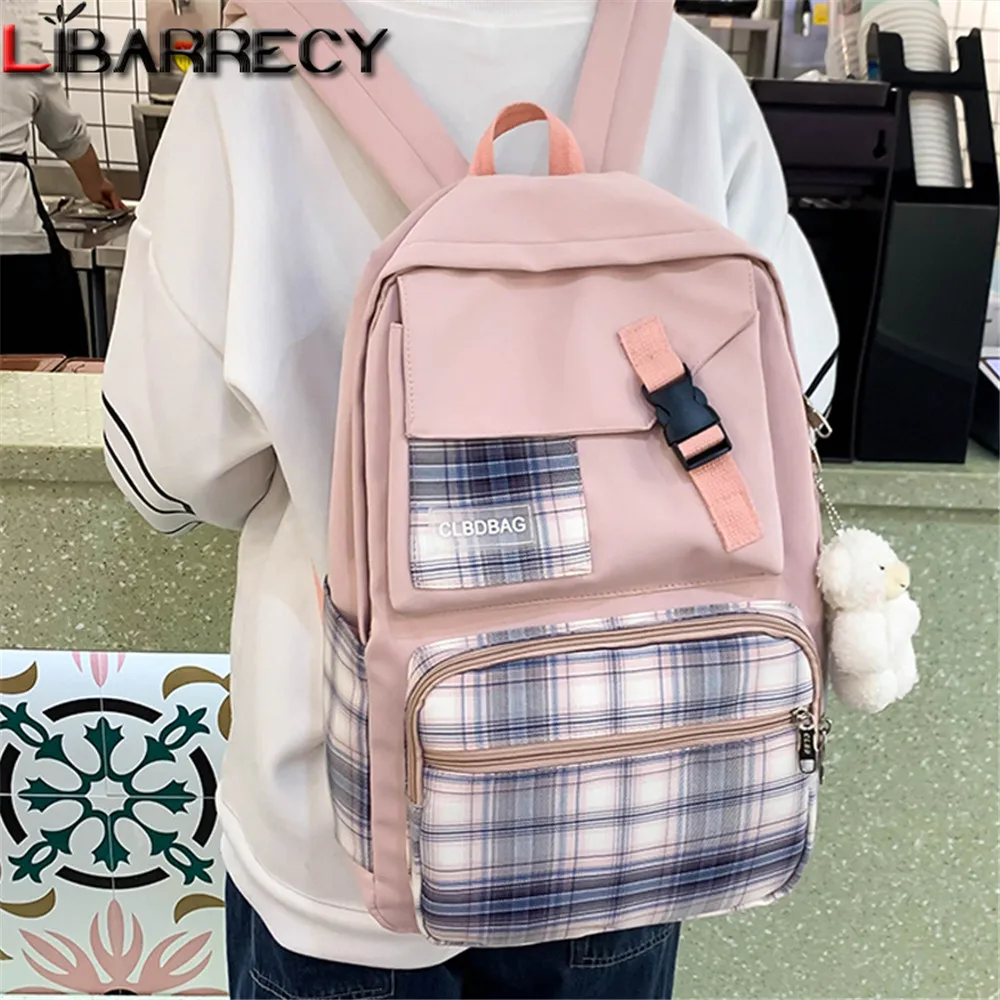 

Cute Pendant Designer Teen Laptop Backpack Fashion Check Pattern Design Ladies Student School Bag Quality Nylon Women Backpack