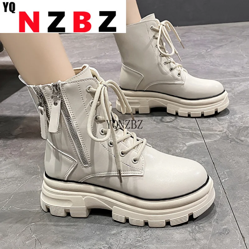 

2022 Women's Fashion PU Leather Women's Shoes Ankle Boots Platform Lace-up Spring Punk Motorcycle Side Zipper Goth Women's Boots