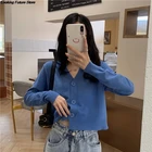 Укороченный вязаный кардиган, женский короткий свитер в Корейском стиле, Кардиган с длинным рукавом и V-образным вырезом, зеленая Женская одежда с расклешенной талией