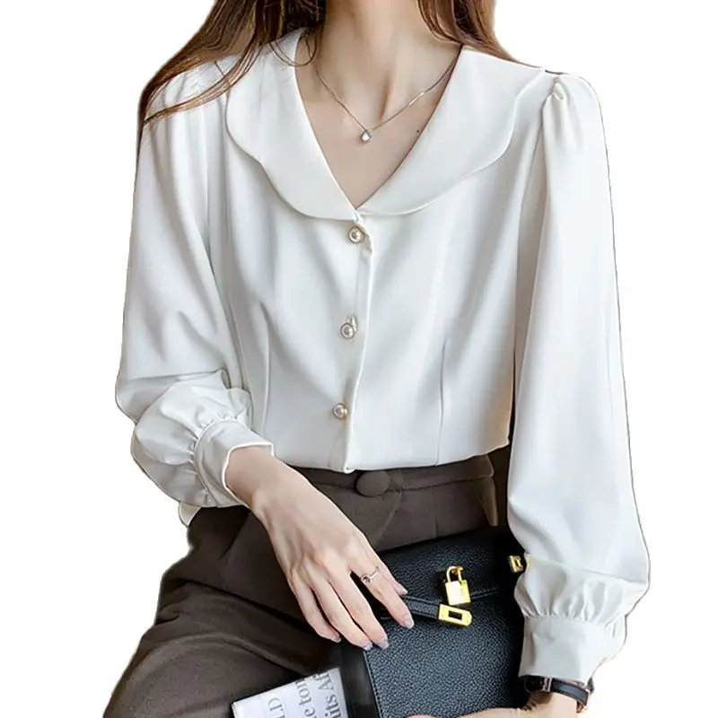 

Peter Pan Collar White Shirt Women New 2021 Summer Tops Long Sleeve Casual Woman Clothes Button Chiffon Blouse Chemisier Femme