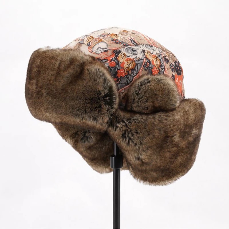 Женская зимняя шапка с бомбером "Флорал" из шерсти с мехом, русская ушанка с утеплителем, теплые бохемские шапки с ушками.