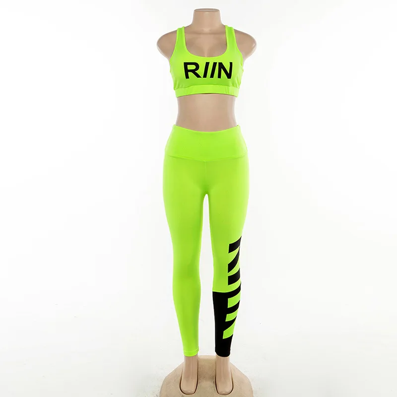 

Sexy Fitness Letter Print Neon Women Two Piece Set Casual Tracksuits Crop Top + Biker Leggings Bodycon Lounge wear Women Outfit