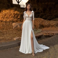 latest on sale lace wedding dresses side slit sleeveless wedding gowns v neckline bridal dresses back out sweep train 2021