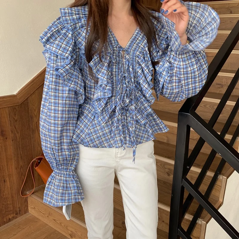 

Alien Kitty 2021 Spring Ruffles Sweet Plaid V-Neck Loose Gentle Blouses Streetwear All Match Stylish Flare Sleeves Tops Shirts