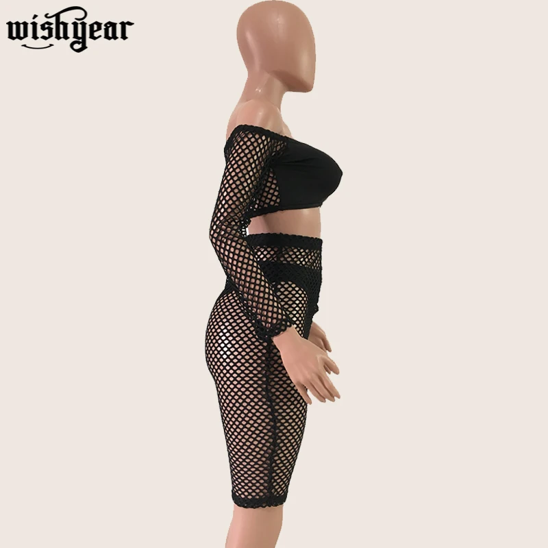 Ажурный сетчатый сексуальный комплект из двух предметов с открытыми плечами