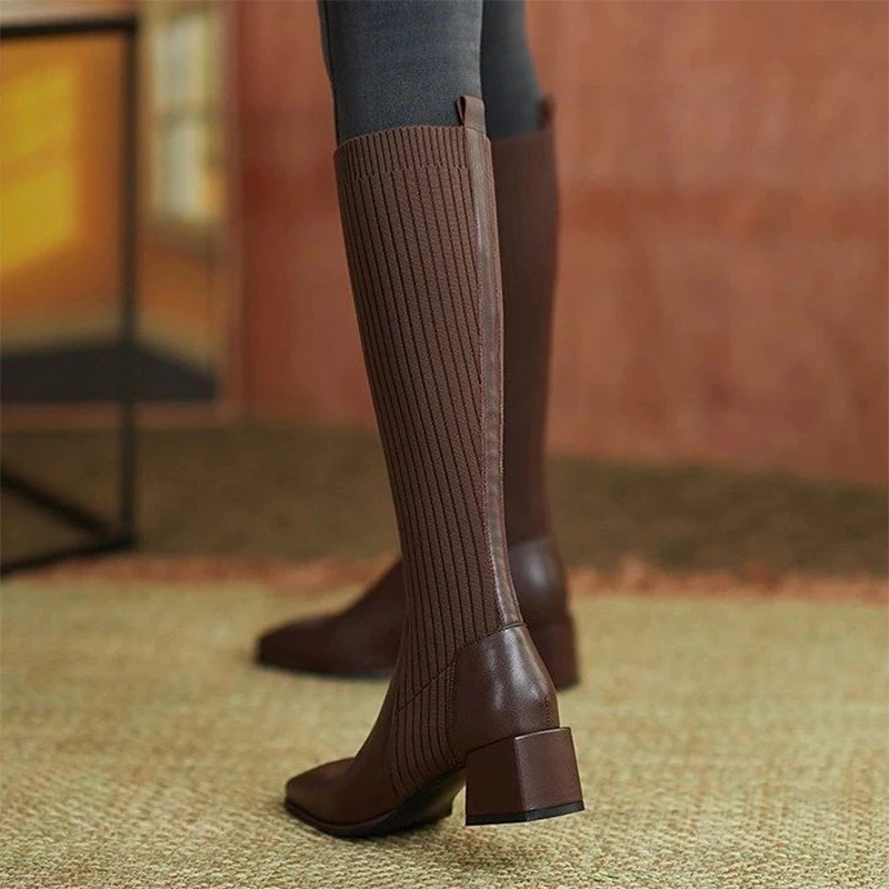 

Women Knee-high Boots Shoes Tight Sock Boots Autumn Ladies Fashion Square Toe Pumps Female Winter Casual Slip On 2021 New Shoes