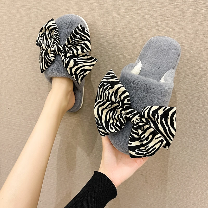 

Winter Woman Slipper Female Shoes Low Butterfly-Knot Slides Flock Fashion Cover Toe Gingham 2021 Rubber Flat Luxury Massage PVC
