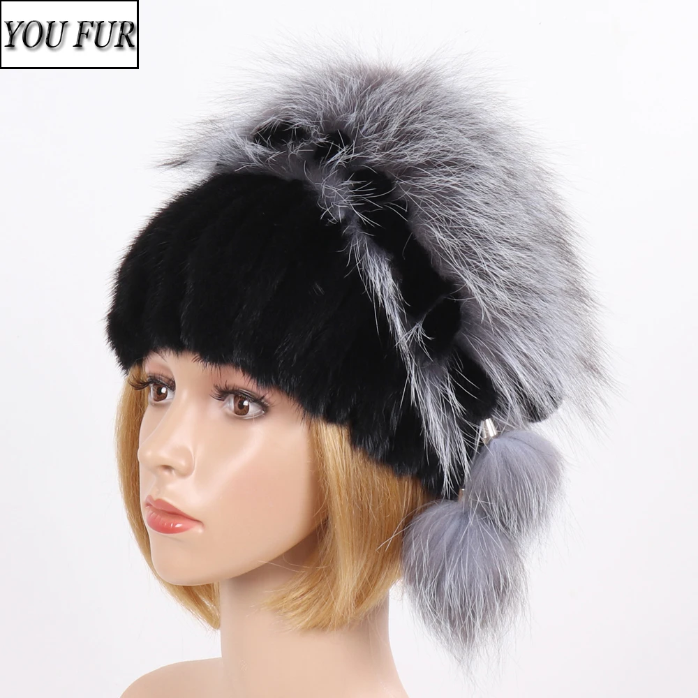 

New Women Hat Knitted Real Mink Hats for Girls Real Fur Winter hats warm Beanies Fox fur Ball Cap Lady Quality Real Fur Hat