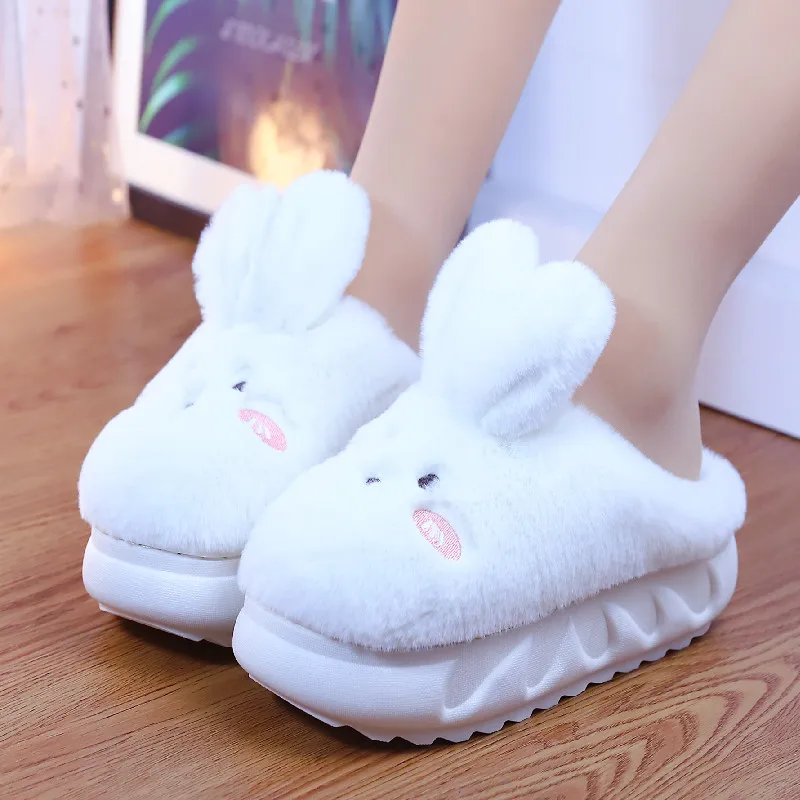 

Women's Winter Slippers Cartoon Rabbit Furry Platform High Heel Plush Shoes Female Anti-skid Warm Fur Slides Girls Bedroom Mules