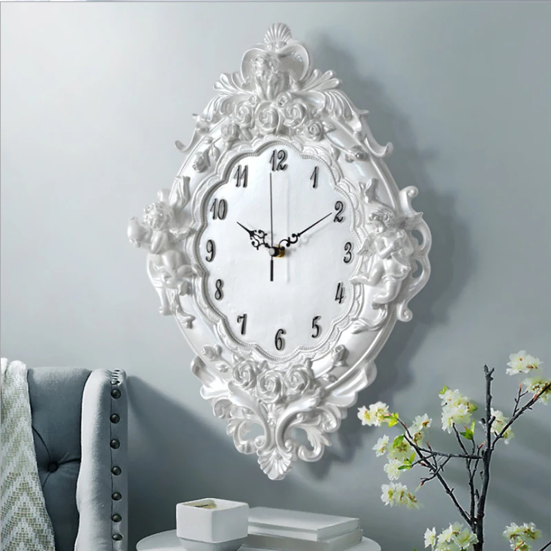 

European Angel Wall Clock Resin Rose Flower And Watches Classic For Style Living Room Bedroom Mute Cupid Resin Angel Clock Gift