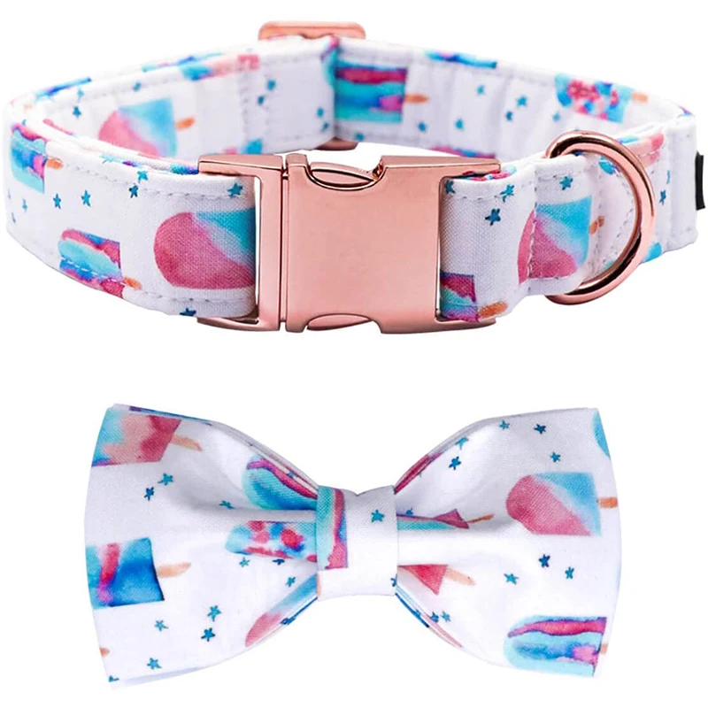 

Unique Style Paws Summer Cotton Dog Collar with Bow Tie Durable Summer Ice Cream Dog Collar for Small Medium Large Dog