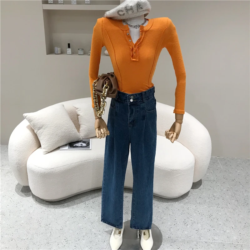 

Women's Spring Summer 2021 Niche Design Fashion Slim Long Sleeve Bottom Shirt V-neck Breasted T-shirt Cotton Top