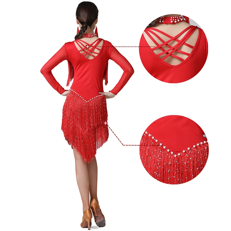 Женское цельнокроеное платье с бахромой для латиноамериканских танцев |