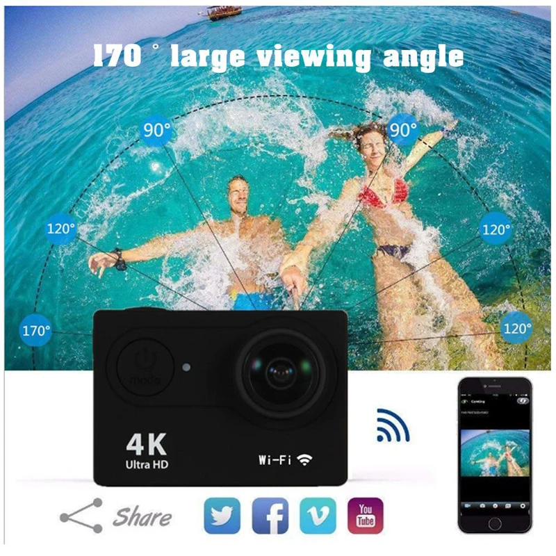 

Action Camera Ultra HD 4K/30fps WiFi 2.0" 170D Underwater Waterproof diving Swim Camera Helmet Vedio Sport Record scenery Camera