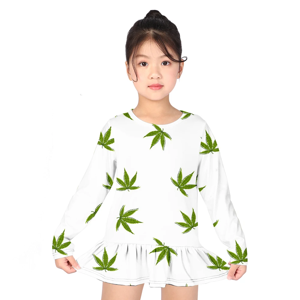 Платье-рубашка для девочек с объемным изображением листьев конопли