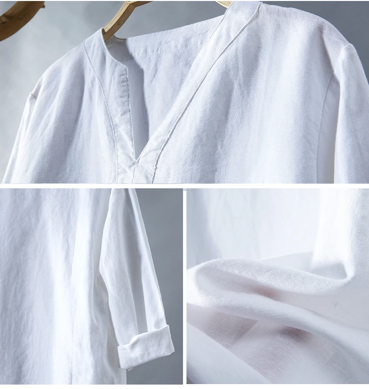 

Top Selling Product In 2021 New Men's Pullover V-neck Loose Casual Shirt Cotton Linen Top Men's Clothing Camisas Para Hombre