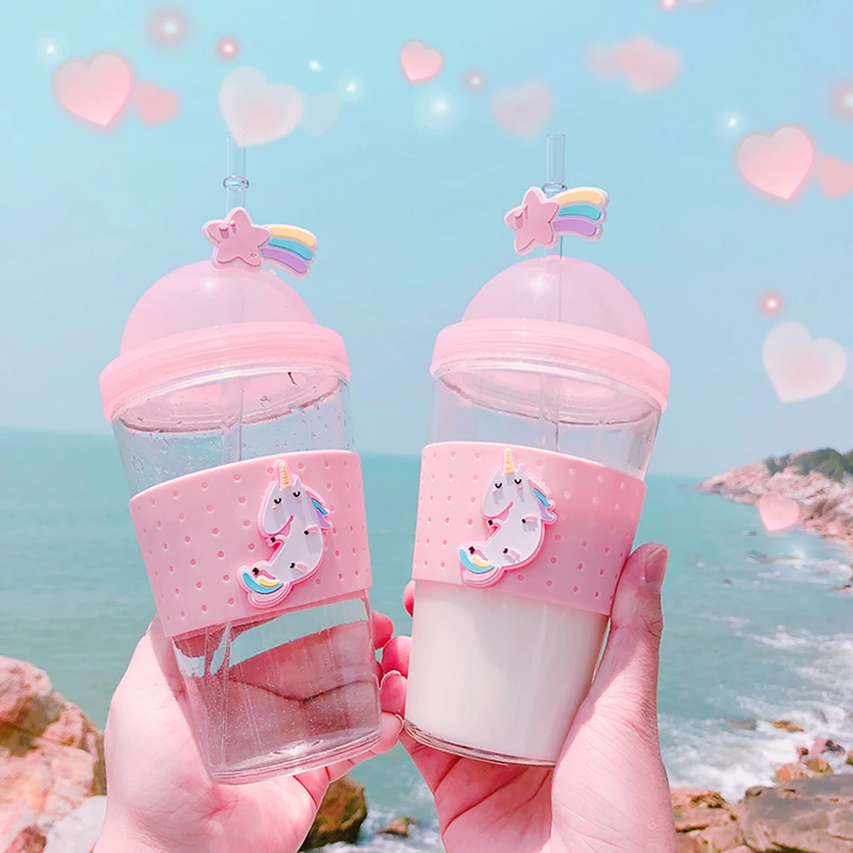 Boxi Kpop Kawaii стеклянная бутылка для воды для девочек, мультяшная Милая бутылка для воды для детей и взрослых, чашка для воды с крышкой и соломенными ручными чашками