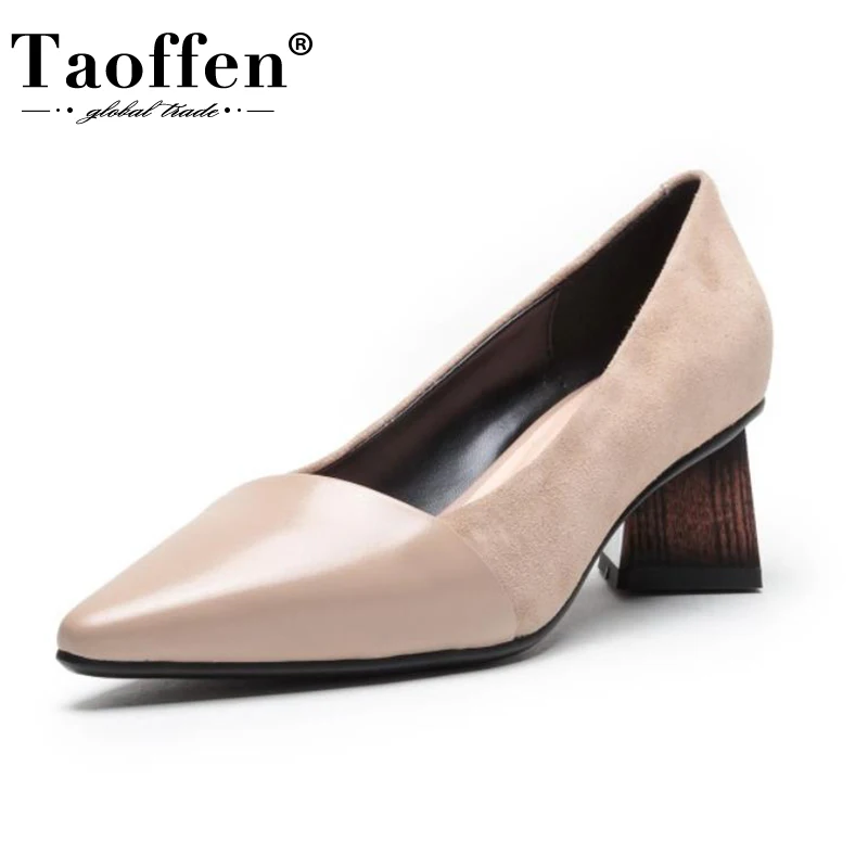 

Taoffen 2021 New Arrived Women Real Leather High Heel Shoes Fashion Office Lady Pointed Square Toe Pumps Size 34-39
