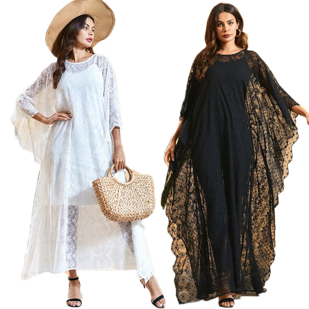 

Summer Boho Women Kaftan Maxi Dress Lace Hollow Out Batwing Sleeve Dresses Loose Beach Holiday Cover Up Wear Without Inner