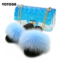 women fur slippers fluffy real fox fur sandals plush flip flops rainbow transparent jelly bag woman handbag summer shoes bag set