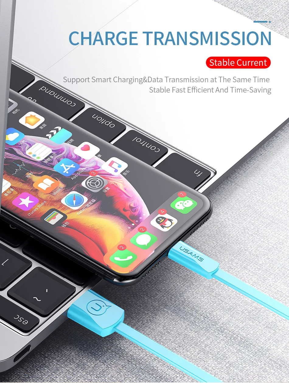 USAMS USB кабель для телефона для iPhone XR XS кабель для iPad iPhone 6 7 8 plus Синхронизация данных USB 2A зарядный кабель для iOS 12 11 Apple