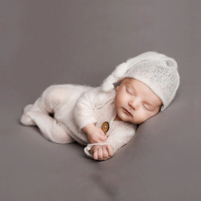 

2 шт. мохеровый детский комбинезон, шапка, реквизит для фотосъемки новорожденных, вязаное шерстяное боди, комплект с длинным хвостом и шапоч...