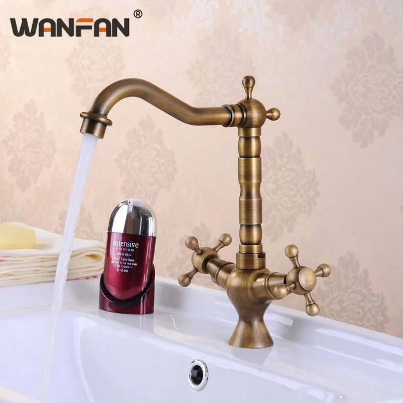 

WANFAN Basin Faucets Antique Dual Handle Single Hole Sink Faucet 360 Rotate Swivel Hot and Cold Water Tap for Bathroom HJ-6713F