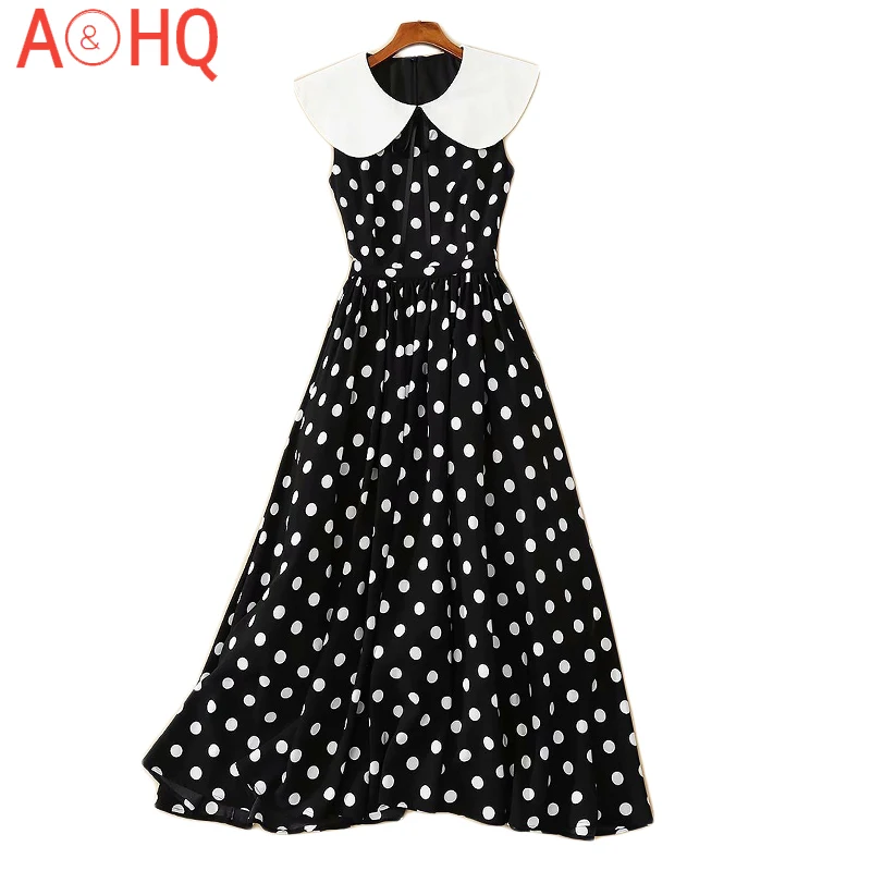 

Runway Summer New Women'S Patchwork Collar Polka Dot Print Fashion Party Casual Classic Elegant Chic Midi Ball Gown Dress