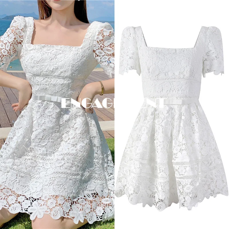 

ENGAGEMENT 2021 Openwork Lace Square Collar Dress Female Summer Gentle Wind Embroidery Waist Bow Skirt