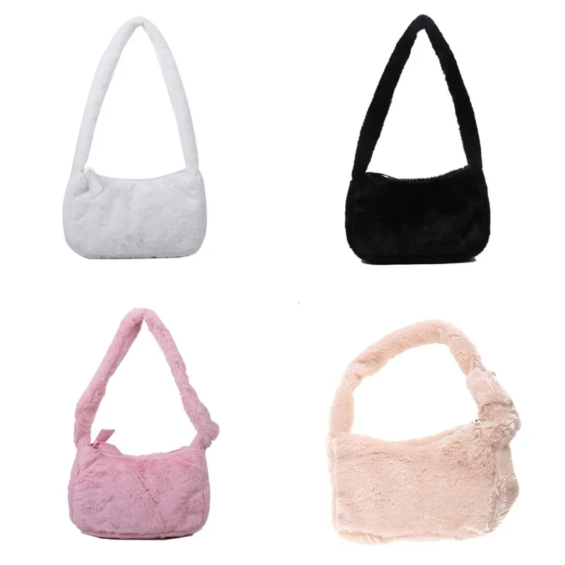 

Women Plush Shoulder Underarm Bag Soft Autumn Winter Fashion Fluffy Female Shopping Tote Solid Color Casual Zipper Fuzzy Handbag